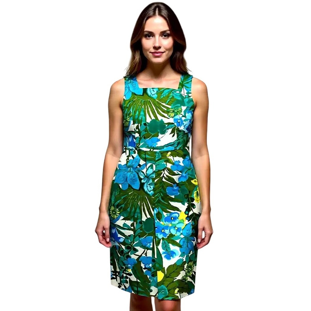 Talbots Petites Blue Green Tropical Floral Square Neck Sheath Dress 8P